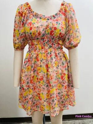 Floral Print Bubble Sleeve Dress