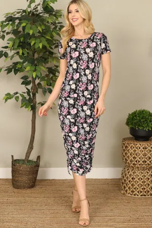 Floral Side Ruched Tie Midi Dress