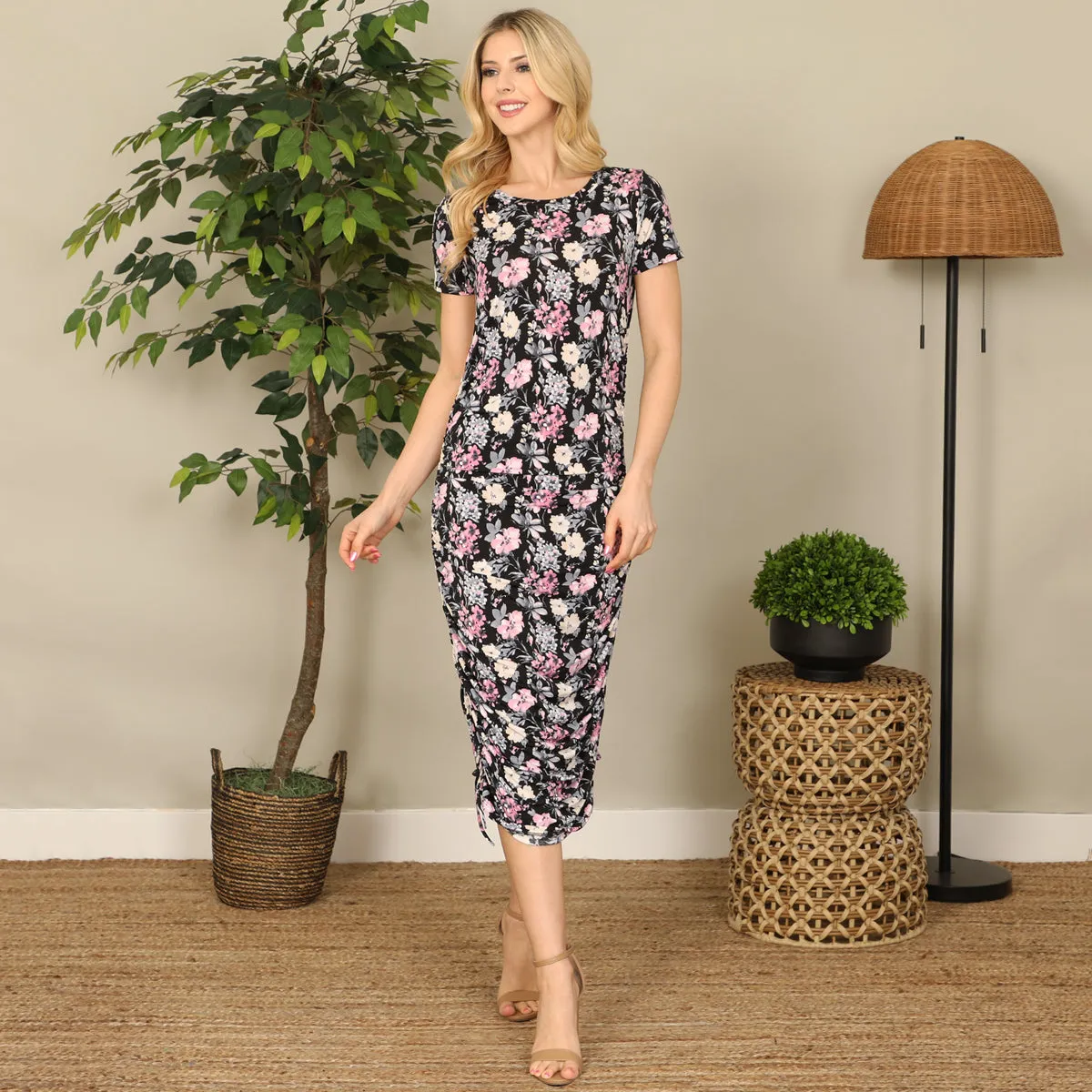 Floral Side Ruched Tie Midi Dress
