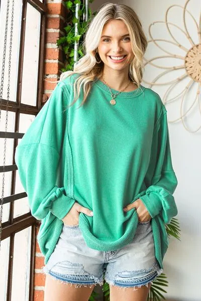 Frannie First Love Exposed Seam Round Neck Dropped Shoulder Blouse