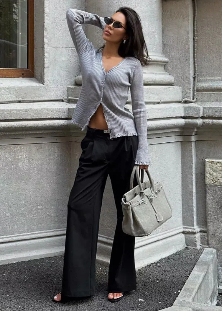 Frayed Ribbed Knit Button-Up Cardigan