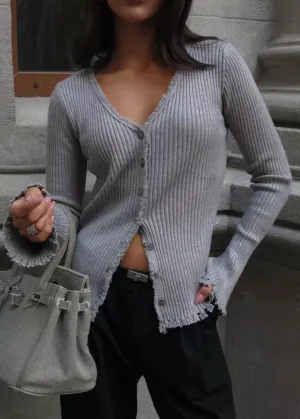 Frayed Ribbed Knit Button-Up Cardigan