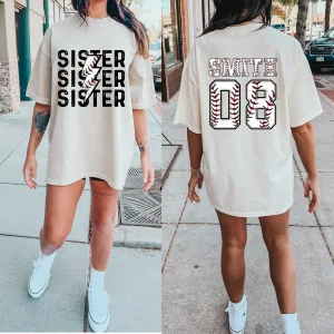 Front/Back Comfort Colors or Bella Canvas Baseball Sister Lightning Bolt With Name Tee/ Baseball Sister Shirt