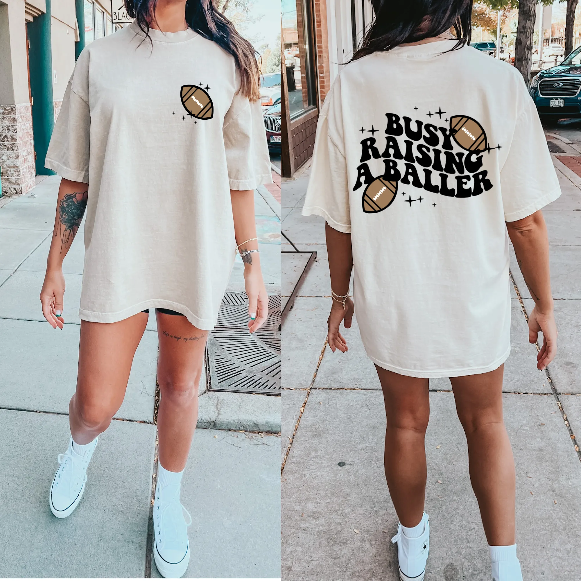 Front/Back Comfort Colors or Bella Canvas Busy Raising A Baller Football Tee/ Football Mom Shirt