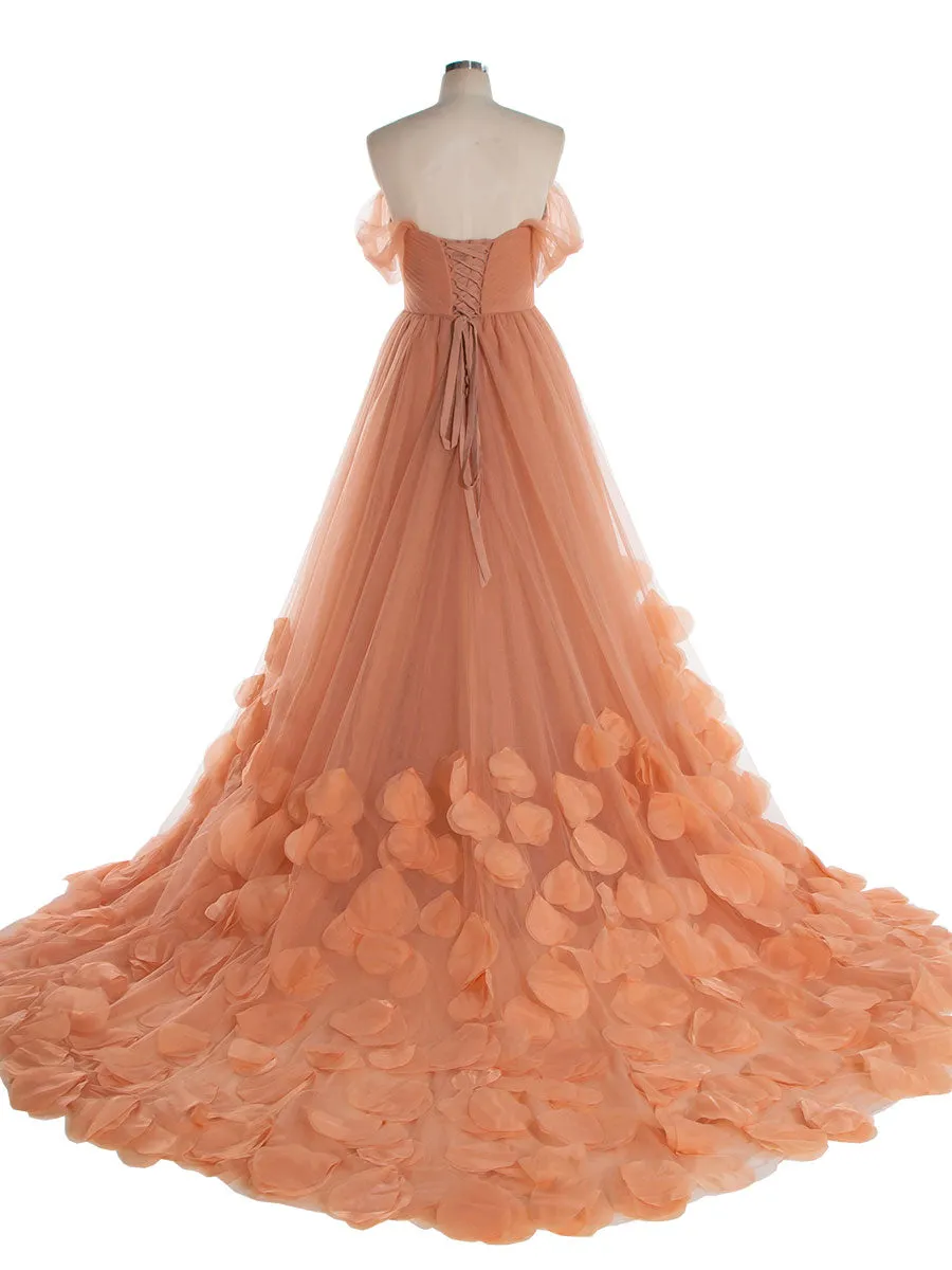 Garden Burnt Orange Petals Ruffles Tulle Bridal Dresses Cap Sleeve Feather A-line Long Photoshoot Gowns YW240118