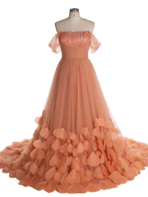 Garden Burnt Orange Petals Ruffles Tulle Bridal Dresses Cap Sleeve Feather A-line Long Photoshoot Gowns YW240118