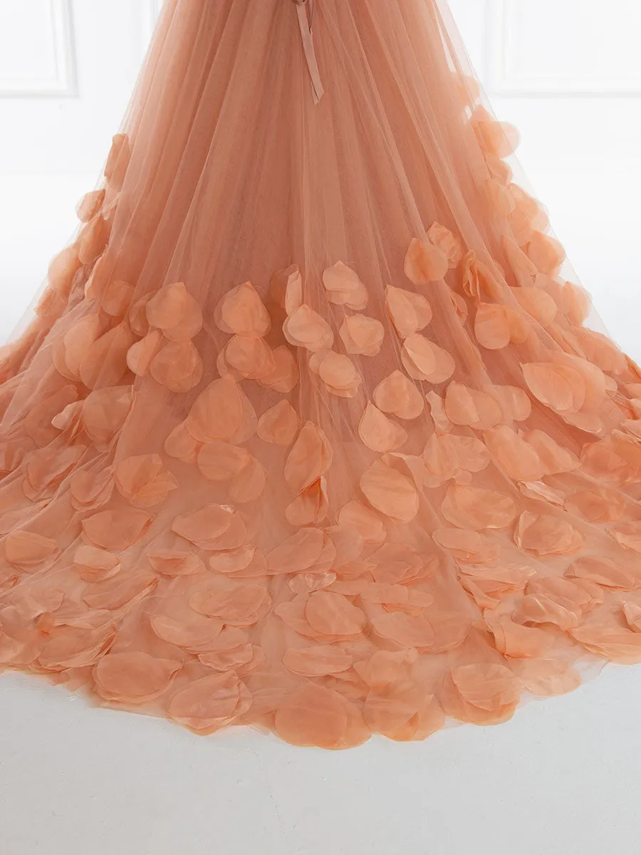 Garden Burnt Orange Petals Ruffles Tulle Bridal Dresses Cap Sleeve Feather A-line Long Photoshoot Gowns YW240118