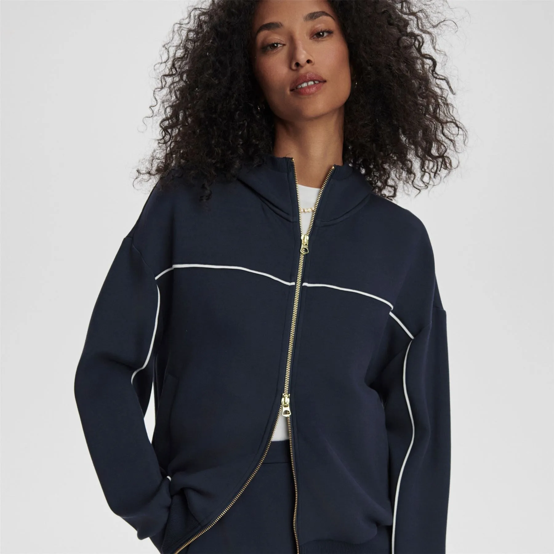 Gia Zip Through Hooded Sweat Navy/White