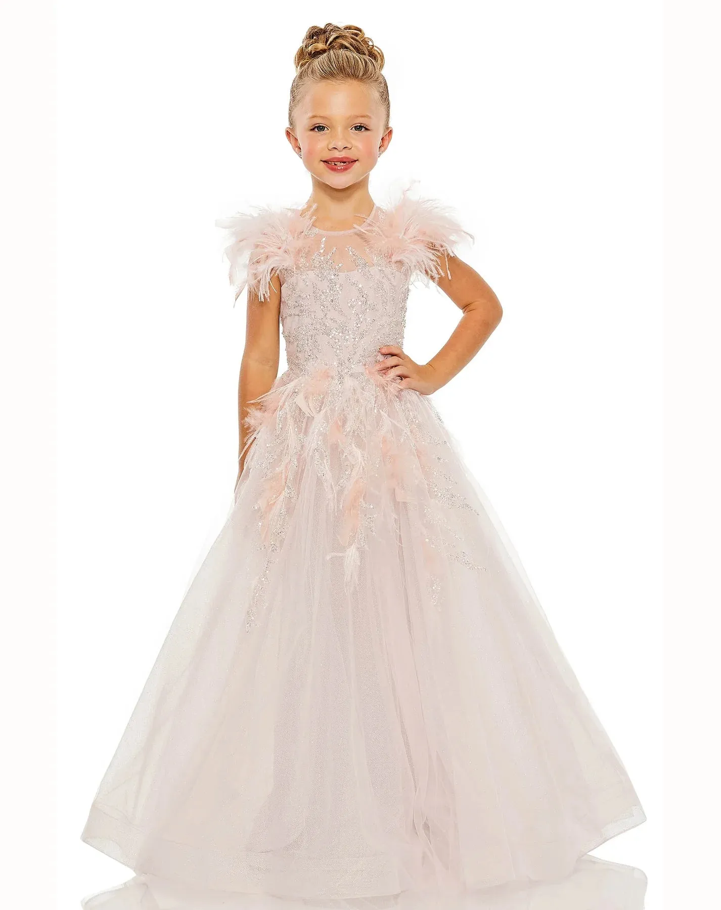 GIRLS FEATHER SLEEVE DETAIL GLITTER TULLE DRESS