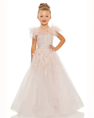 GIRLS FEATHER SLEEVE DETAIL GLITTER TULLE DRESS