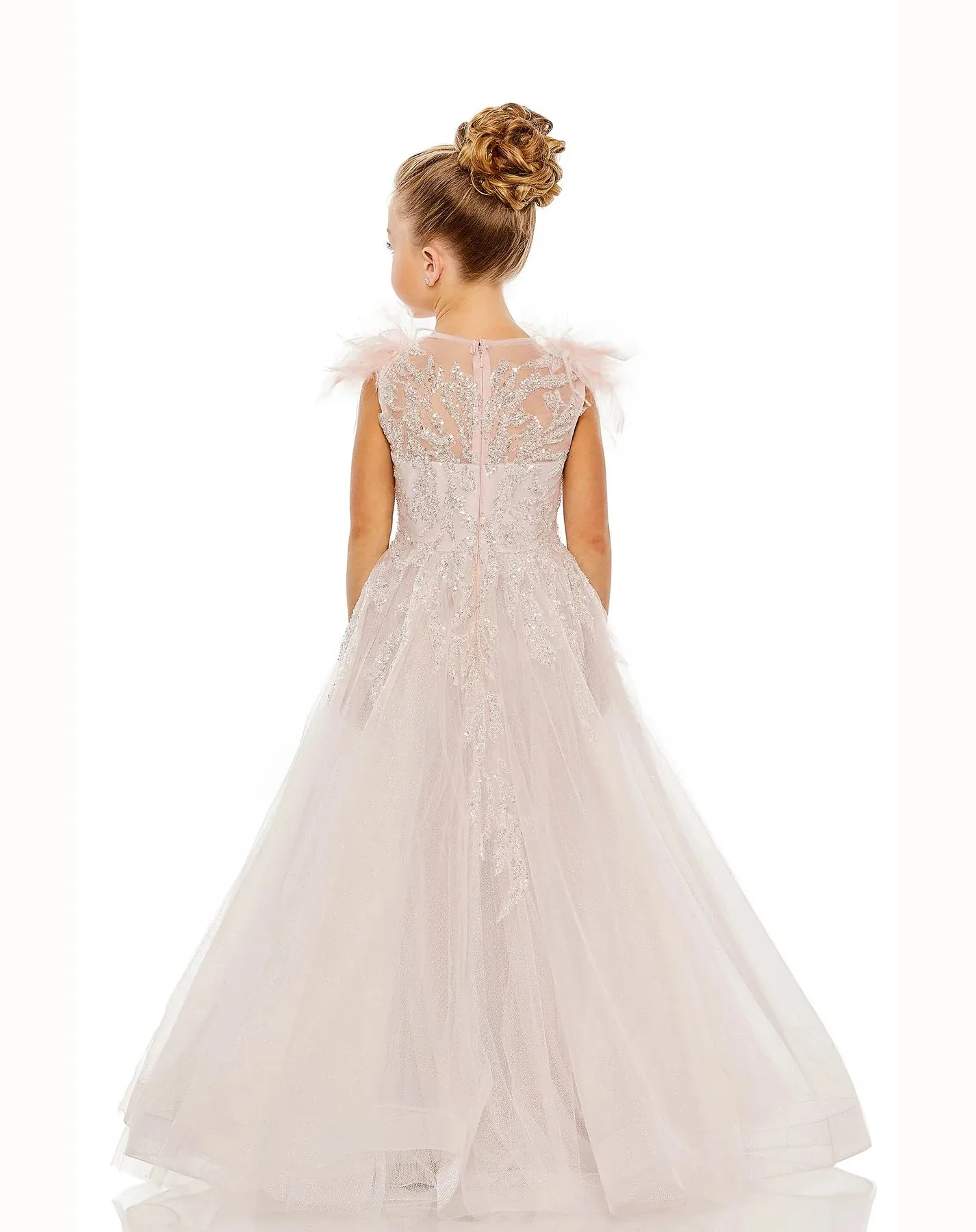 GIRLS FEATHER SLEEVE DETAIL GLITTER TULLE DRESS