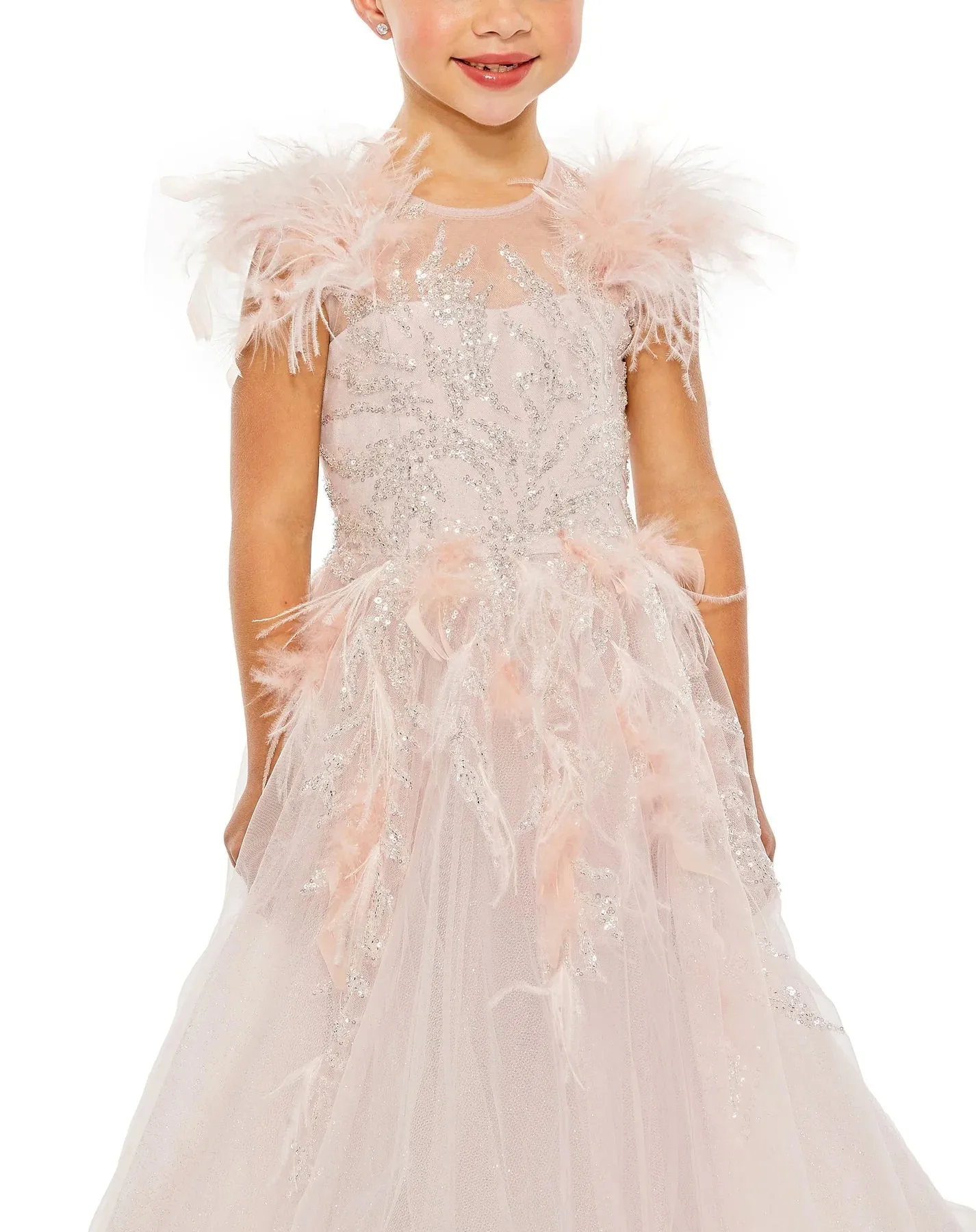 GIRLS FEATHER SLEEVE DETAIL GLITTER TULLE DRESS