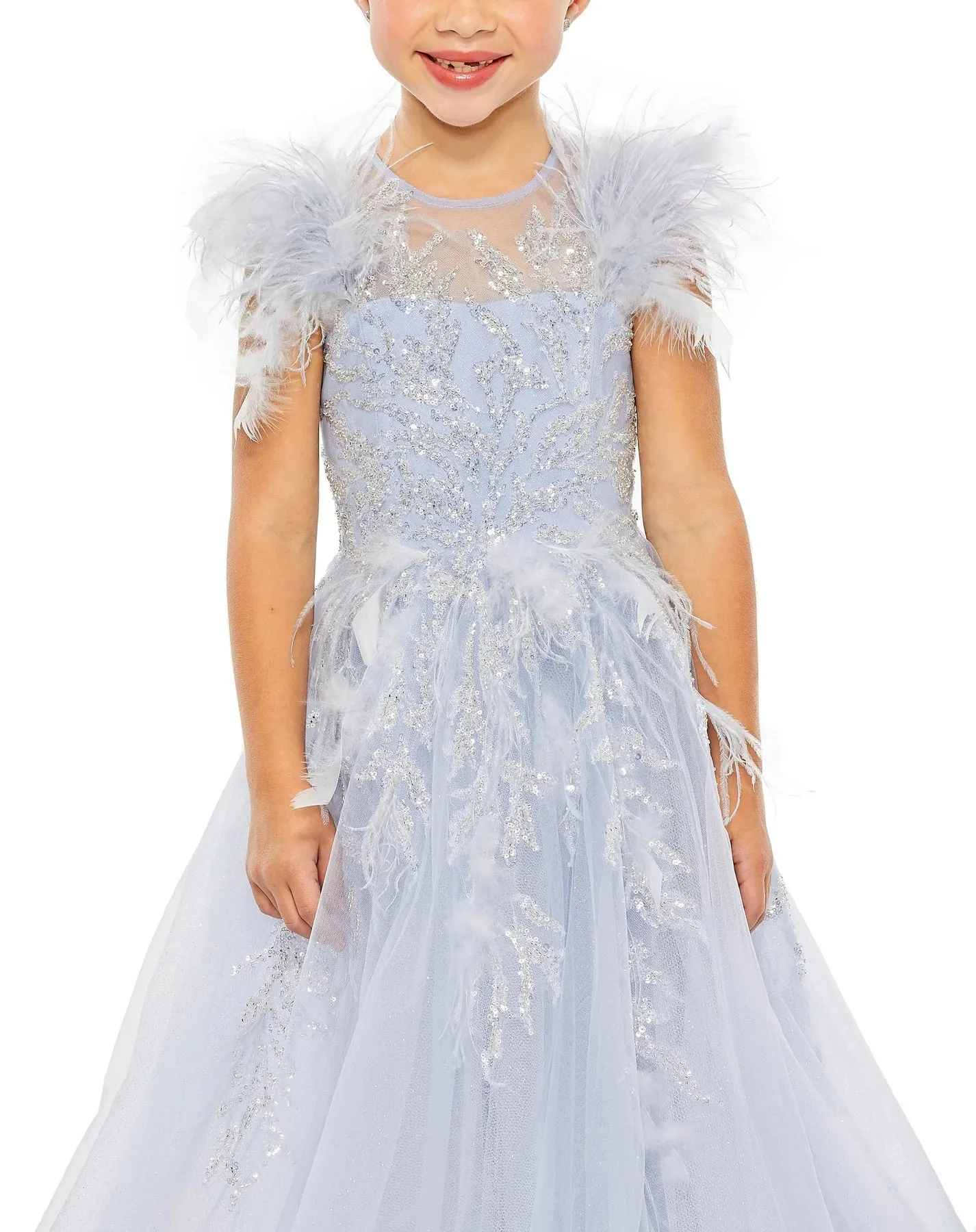 GIRLS FEATHER SLEEVE DETAIL GLITTER TULLE DRESS