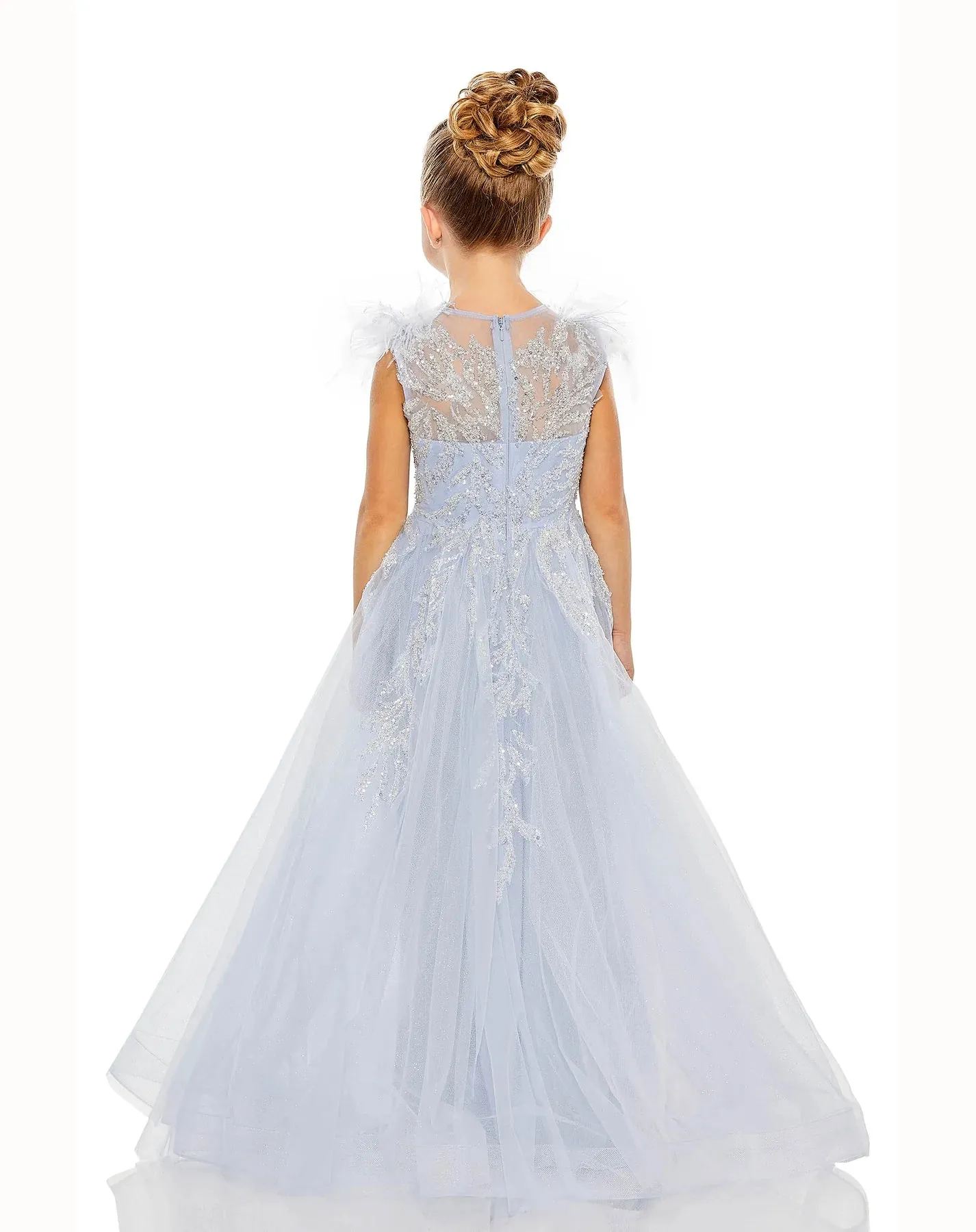 GIRLS FEATHER SLEEVE DETAIL GLITTER TULLE DRESS