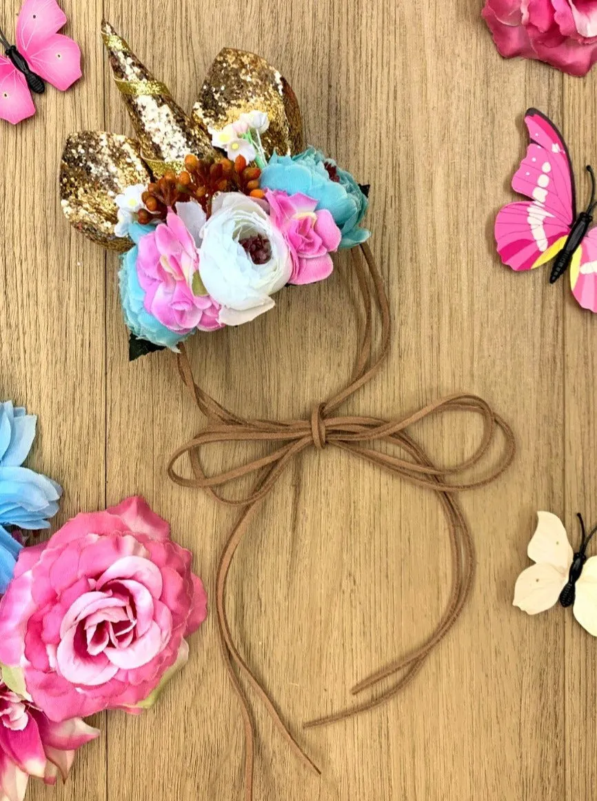 Girls Flower Unicorn Sequin Ears Headband