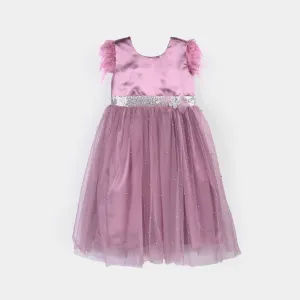Girls Net Fancy Frock Feather Pearls-PURPLE