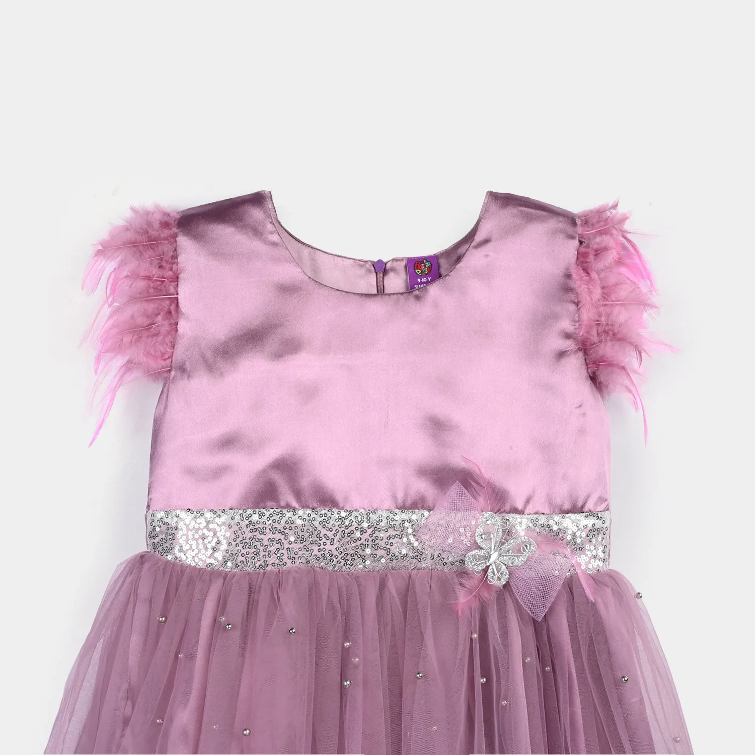 Girls Net Fancy Frock Feather Pearls-PURPLE