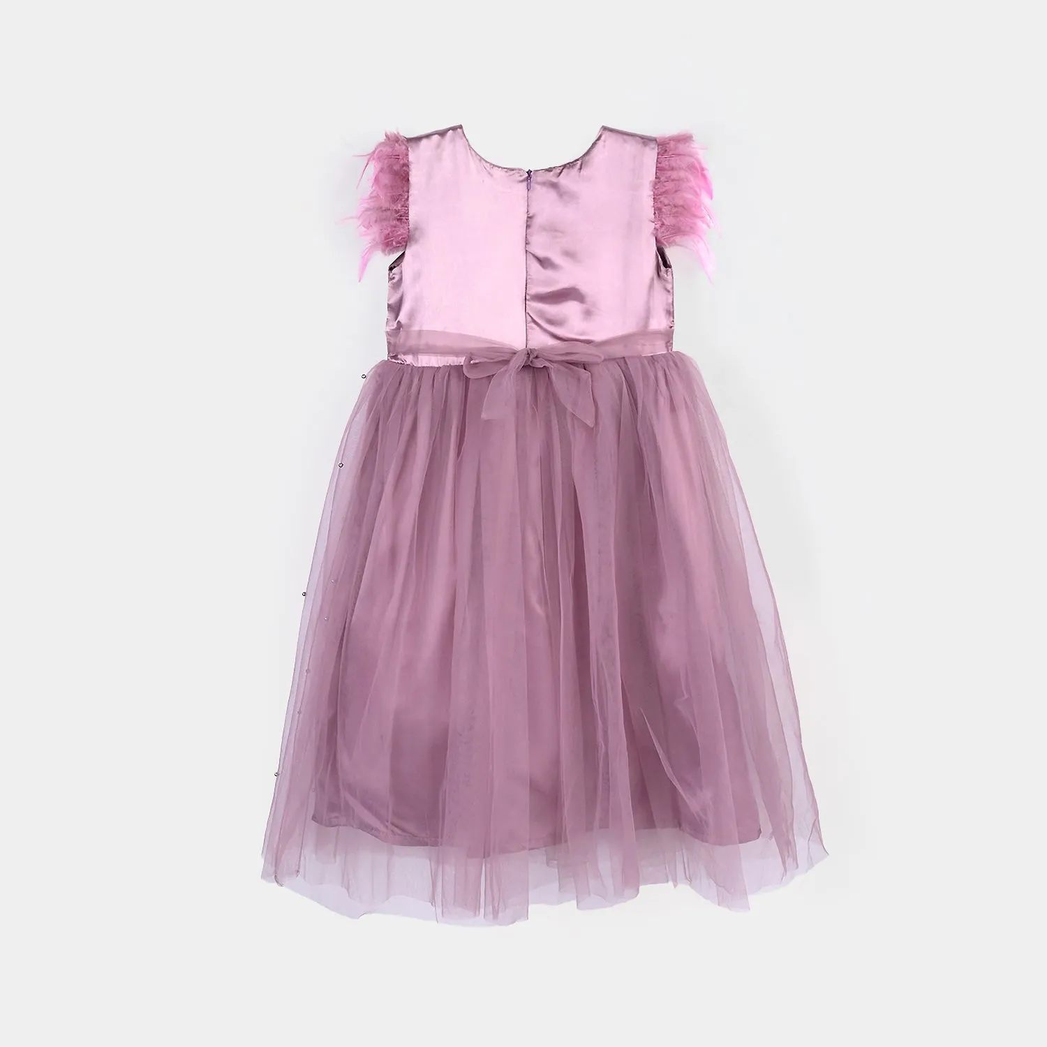 Girls Net Fancy Frock Feather Pearls-PURPLE