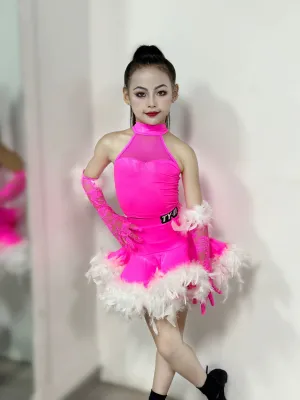Girls Pink with White Feather Latin Dance Dresses Competiton Stage Performance Salsa Rumba Chacha Party Dancing Costumes for Kids