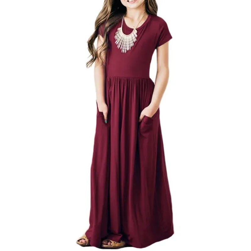 Girls Short Sleeved Long Dress Beach Party Birthday Casual Fashion Show Versatile A-Line Dress