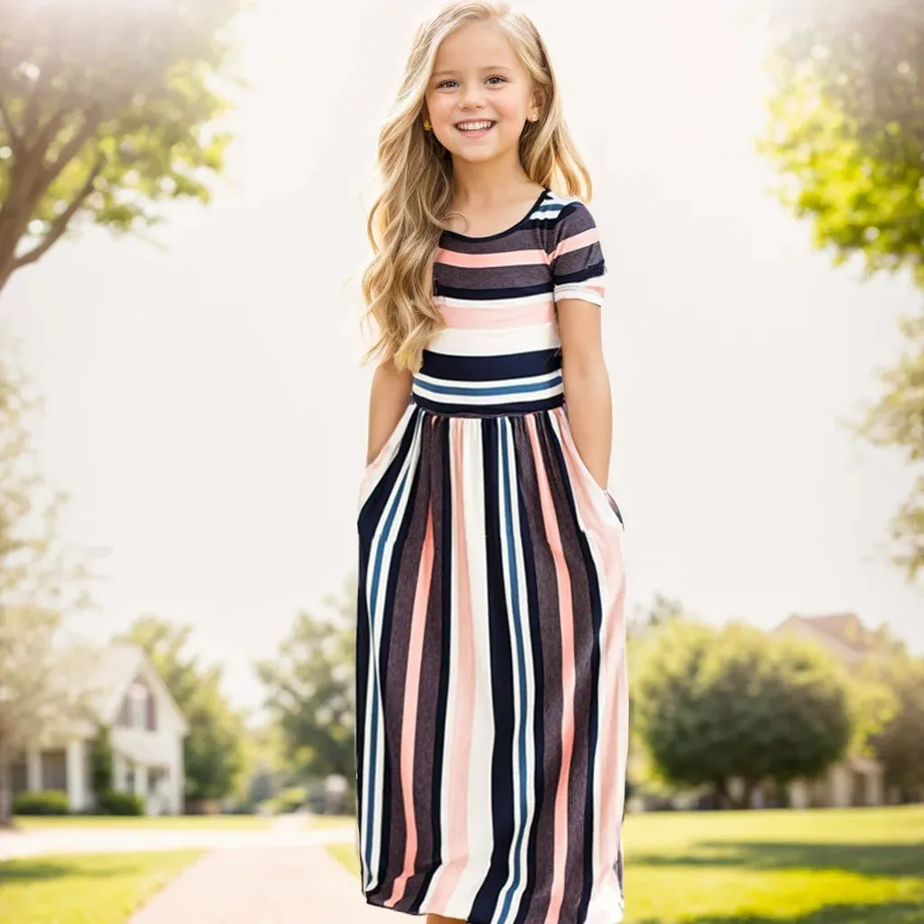 Girls Short Sleeved Long Dress Beach Party Birthday Casual Fashion Show Versatile A-Line Dress