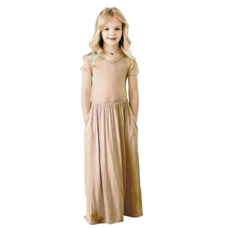 Girls Short Sleeved Long Dress Beach Party Birthday Casual Fashion Show Versatile A-Line Dress