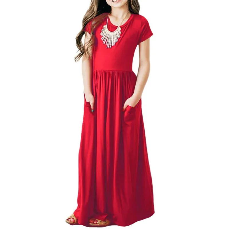Girls Short Sleeved Long Dress Beach Party Birthday Casual Fashion Show Versatile A-Line Dress
