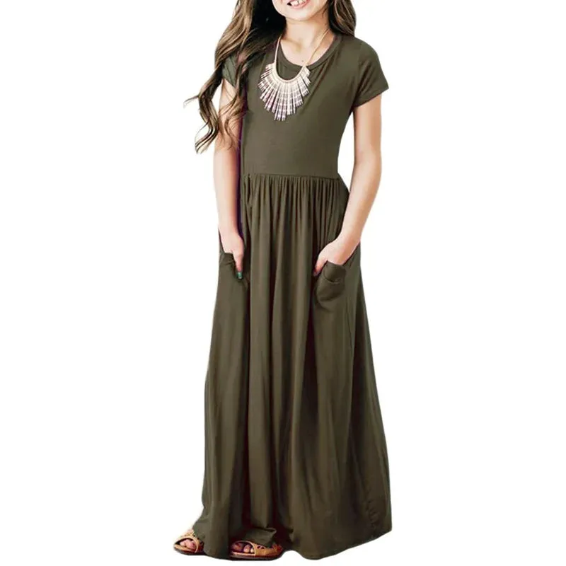 Girls Short Sleeved Long Dress Beach Party Birthday Casual Fashion Show Versatile A-Line Dress