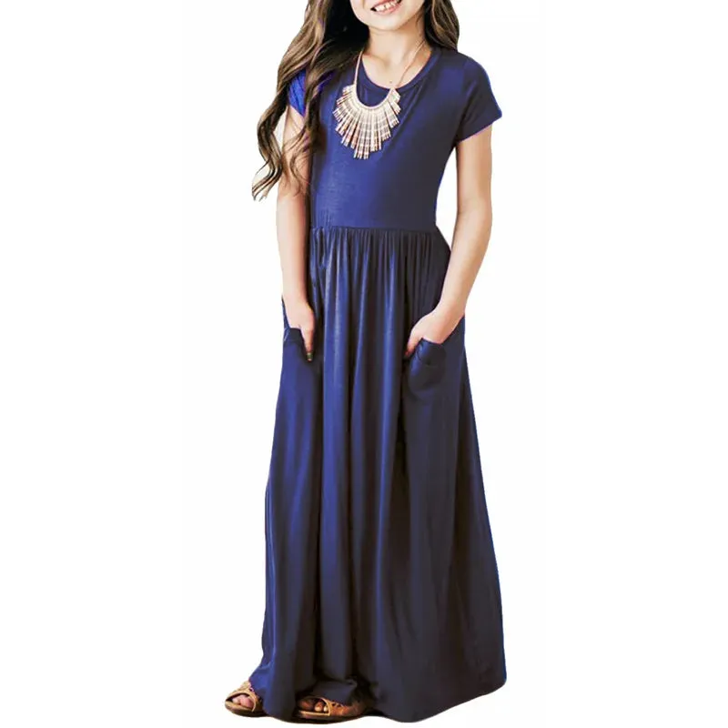 Girls Short Sleeved Long Dress Beach Party Birthday Casual Fashion Show Versatile A-Line Dress
