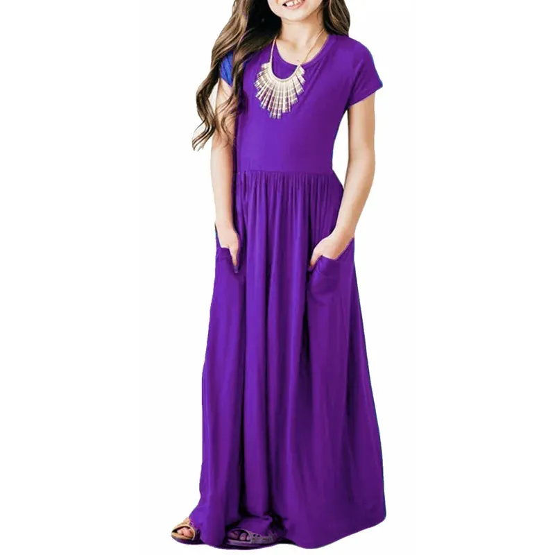 Girls Short Sleeved Long Dress Beach Party Birthday Casual Fashion Show Versatile A-Line Dress