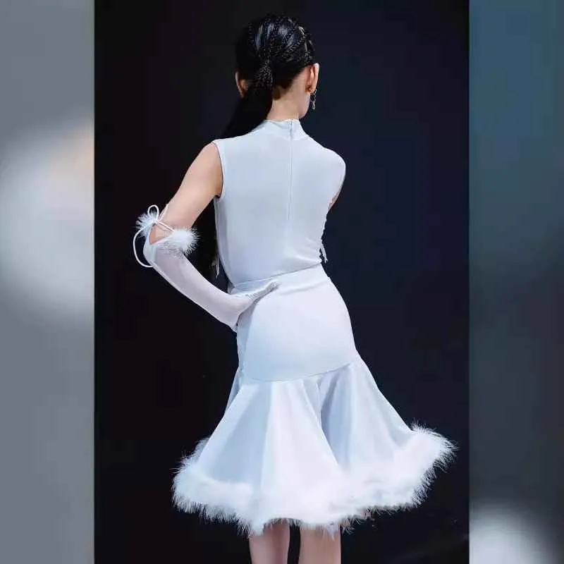 Girls White Feather Latin Competition Dresses for Kids Children Salsa Rumba Chacha Performance Costumes White Ostrich Hair