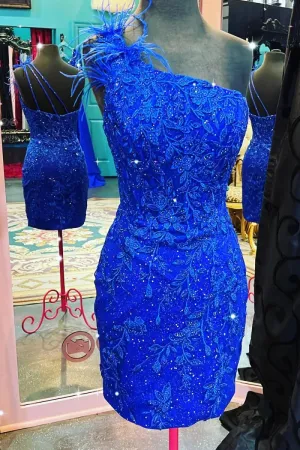 Glitter One Shoulder Lace Short Homecoming Dresses with Feather