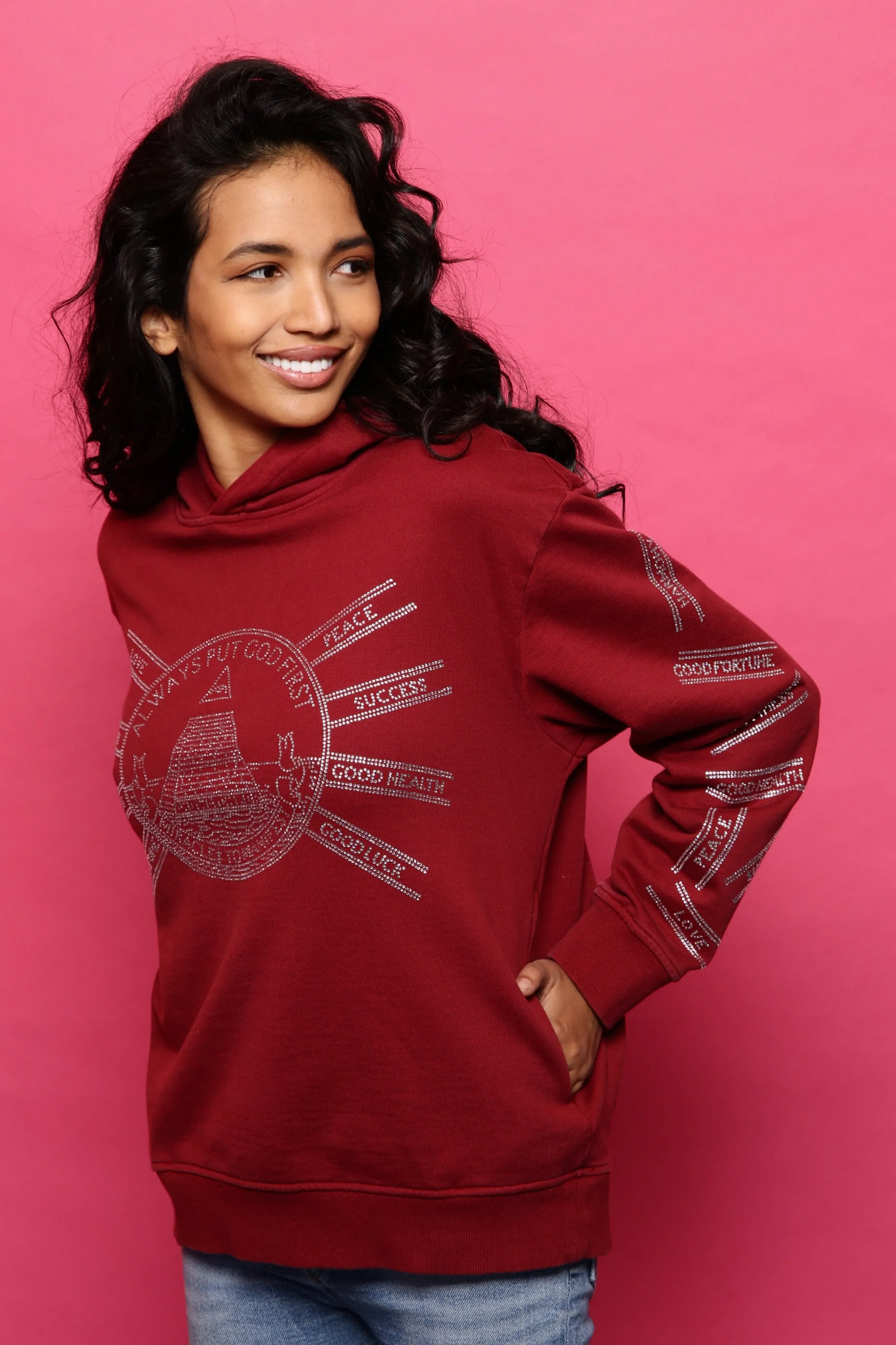 God First Affirmation Hoodie With Rhinestone Design - Bordeaux