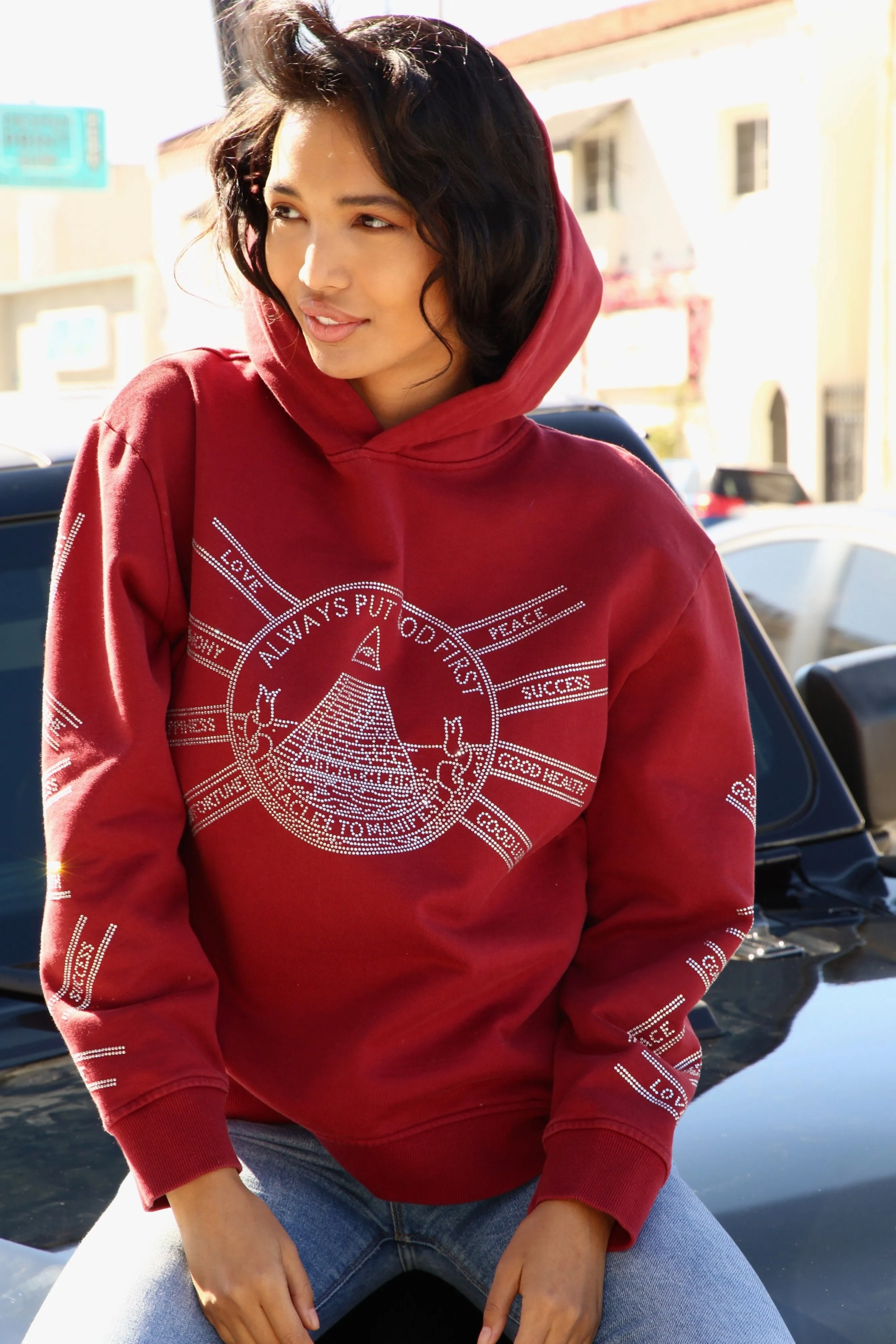 God First Affirmation Hoodie With Rhinestone Design - Bordeaux
