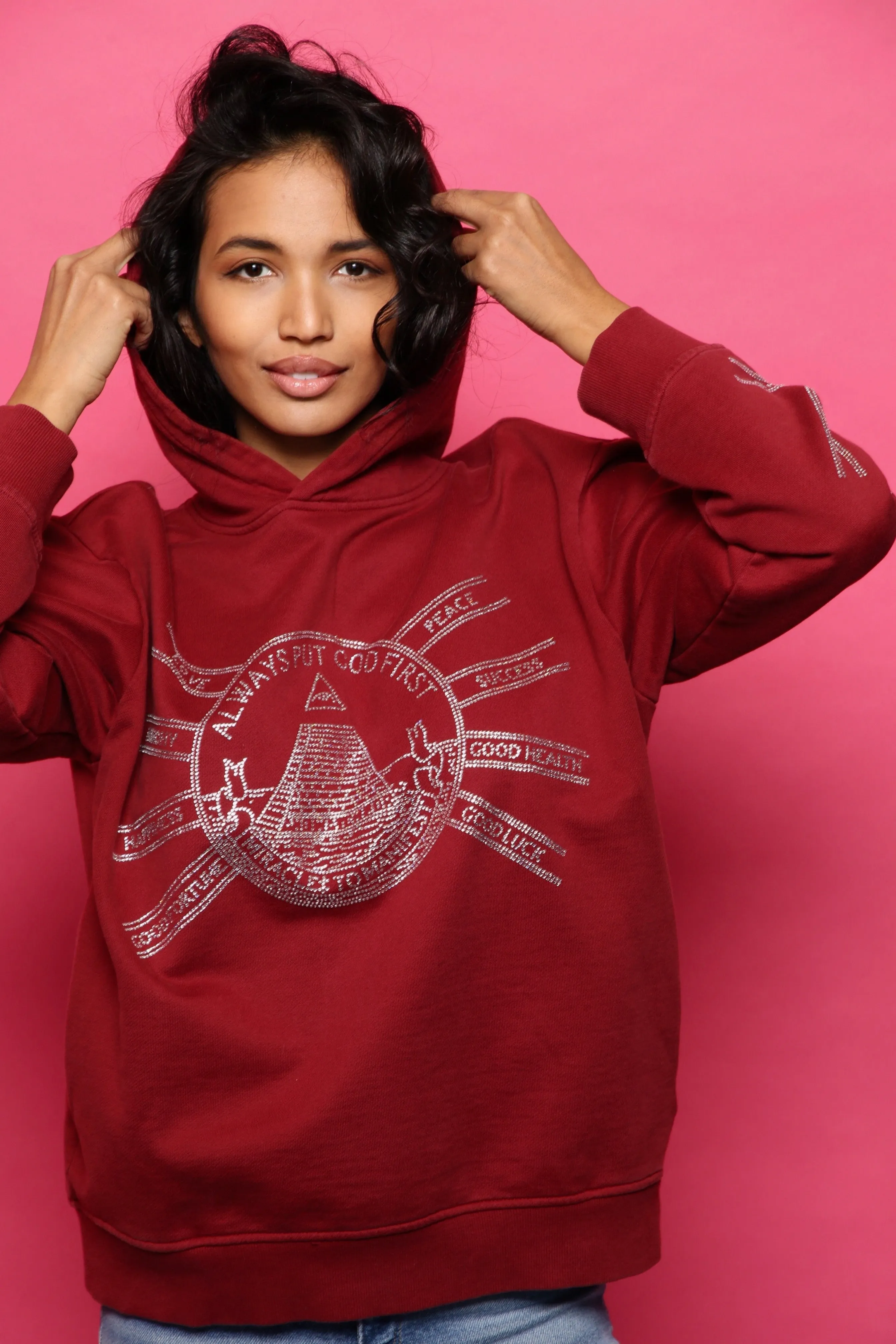 God First Affirmation Hoodie With Rhinestone Design - Bordeaux
