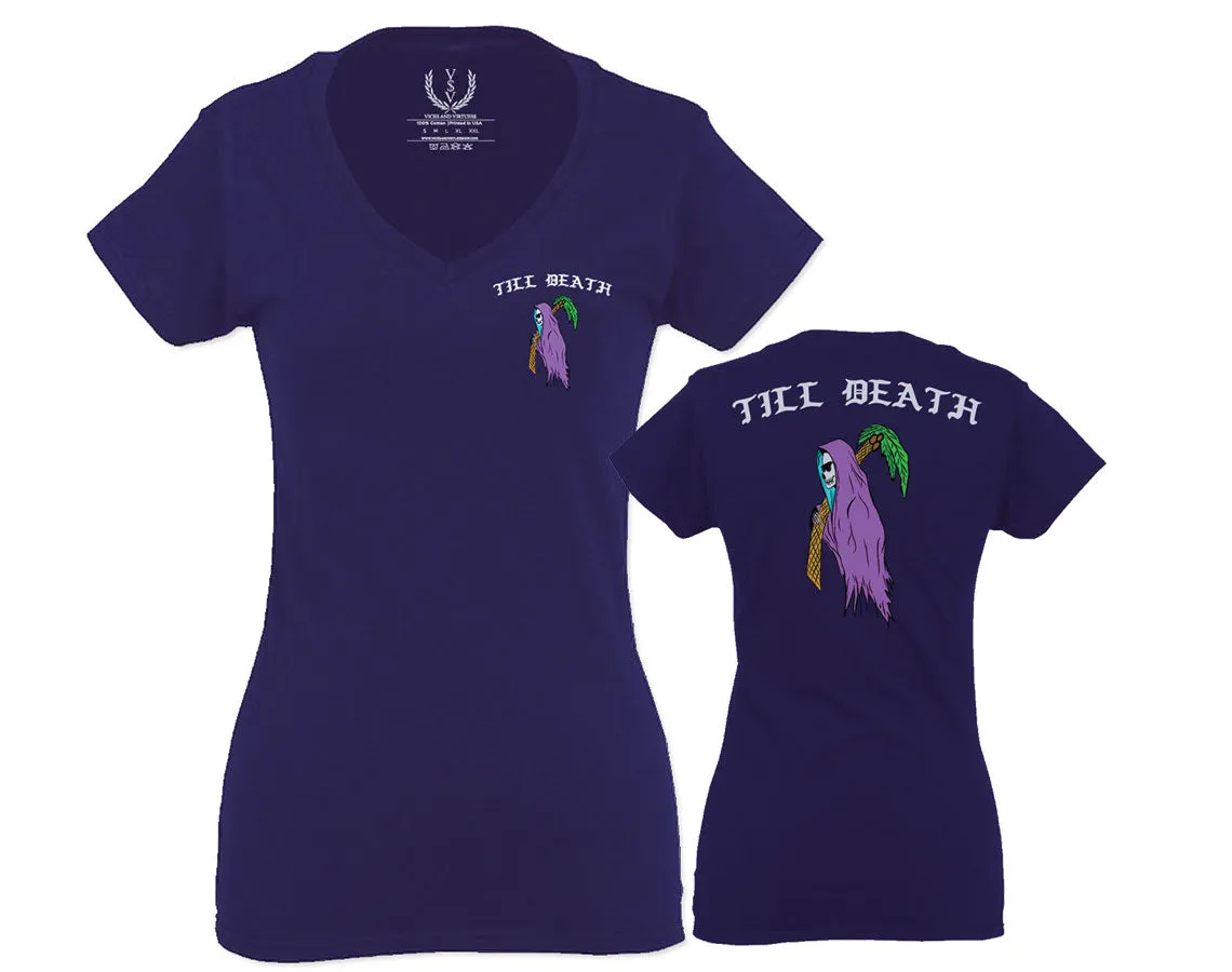 Good Vibe Summer Palm Graphic Till Death Cool Bones surf Obei Society For Women V neck fitted T Shirt
