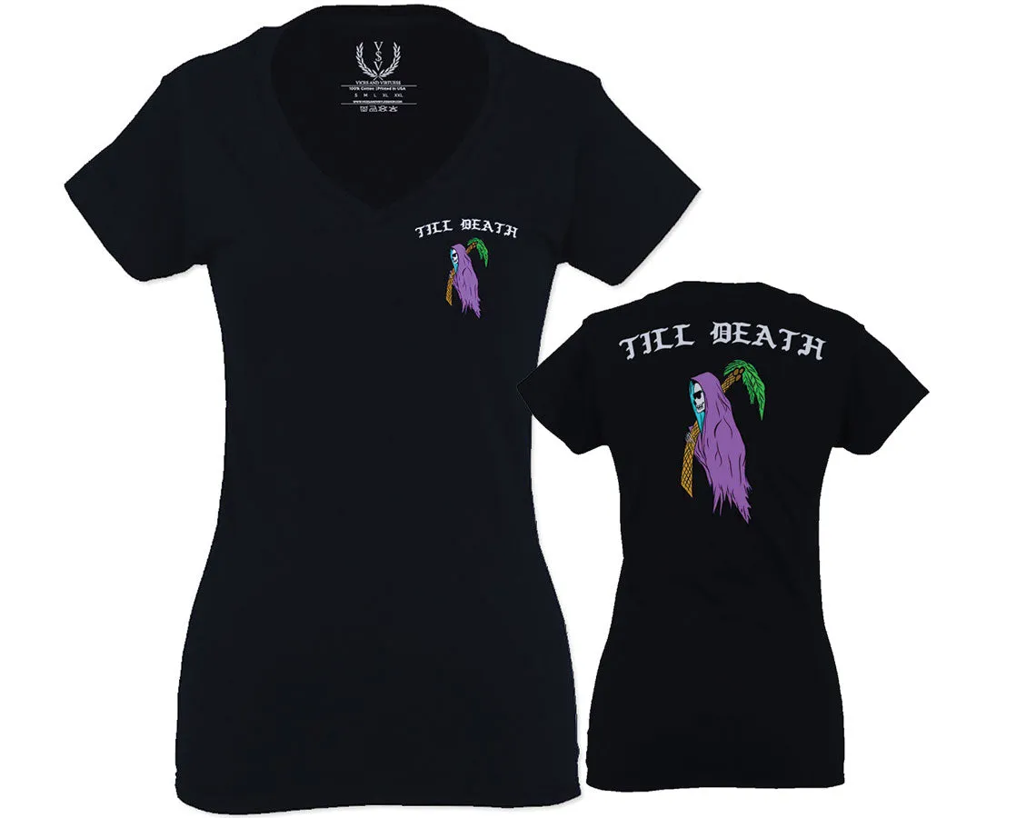 Good Vibe Summer Palm Graphic Till Death Cool Bones surf Obei Society For Women V neck fitted T Shirt