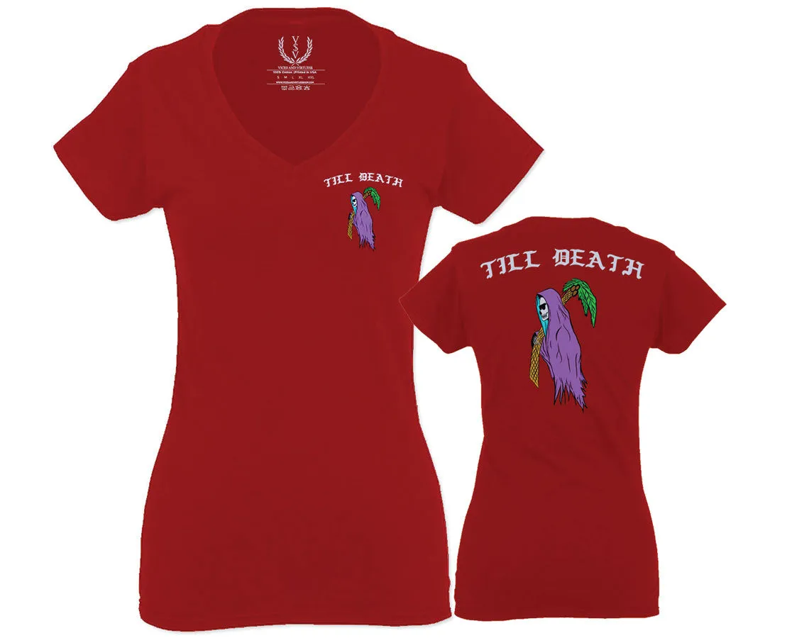 Good Vibe Summer Palm Graphic Till Death Cool Bones surf Obei Society For Women V neck fitted T Shirt