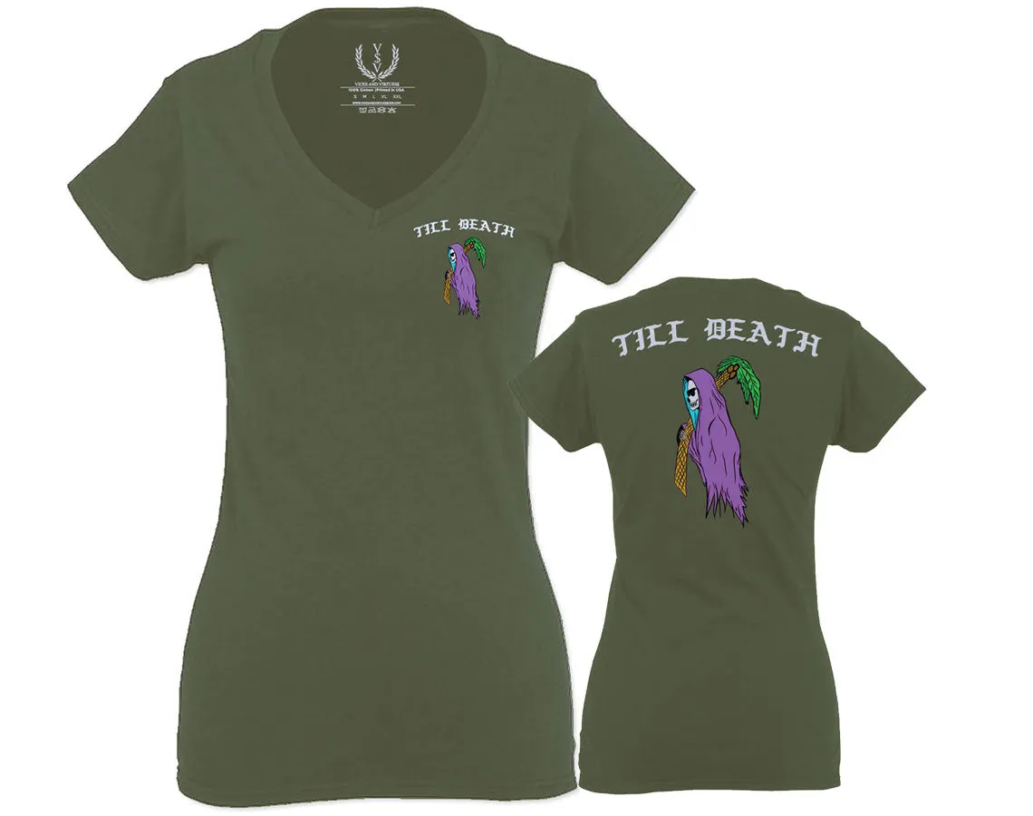 Good Vibe Summer Palm Graphic Till Death Cool Bones surf Obei Society For Women V neck fitted T Shirt