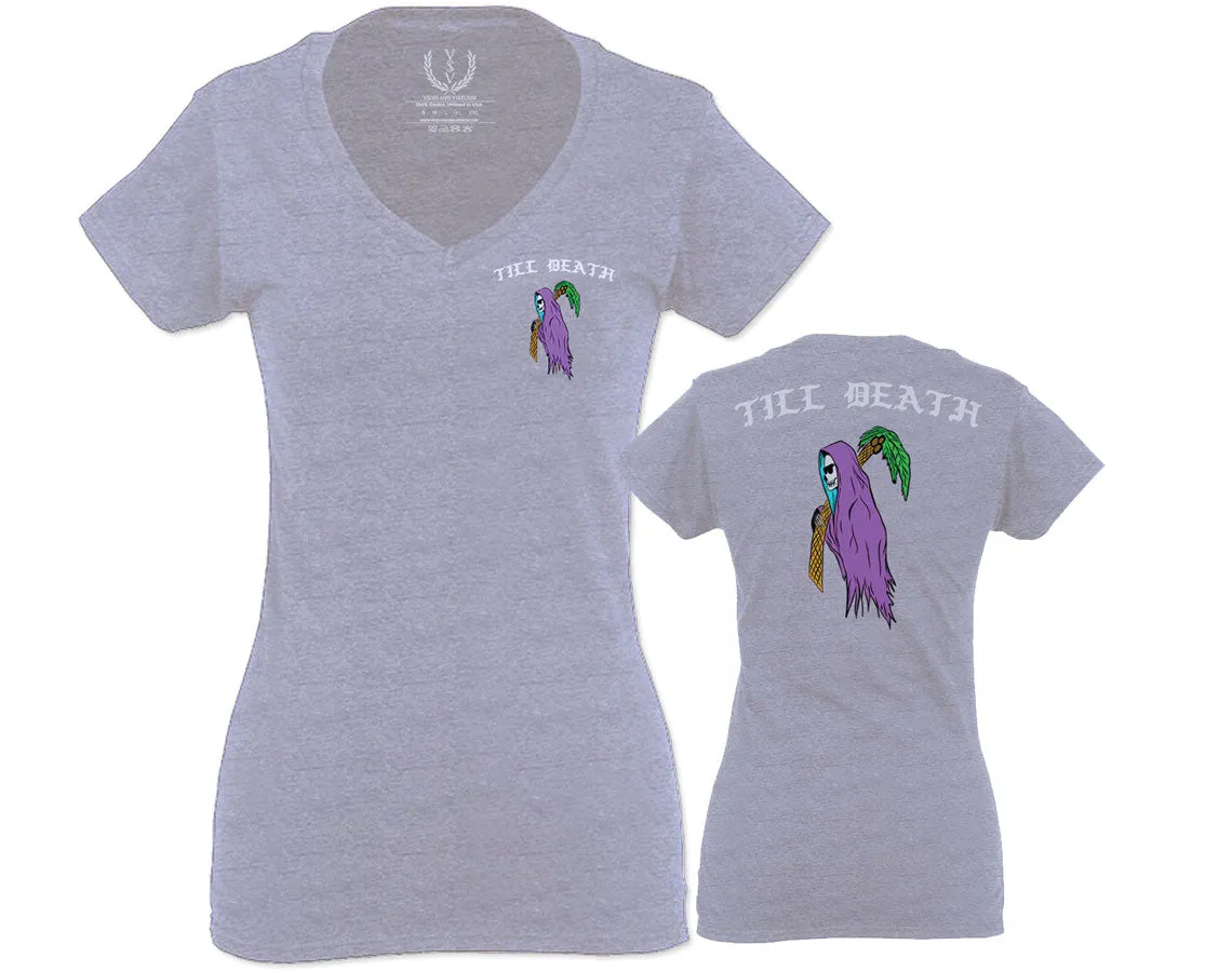 Good Vibe Summer Palm Graphic Till Death Cool Bones surf Obei Society For Women V neck fitted T Shirt
