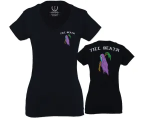 Good Vibe Summer Palm Graphic Till Death Cool Bones surf Obei Society For Women V neck fitted T Shirt