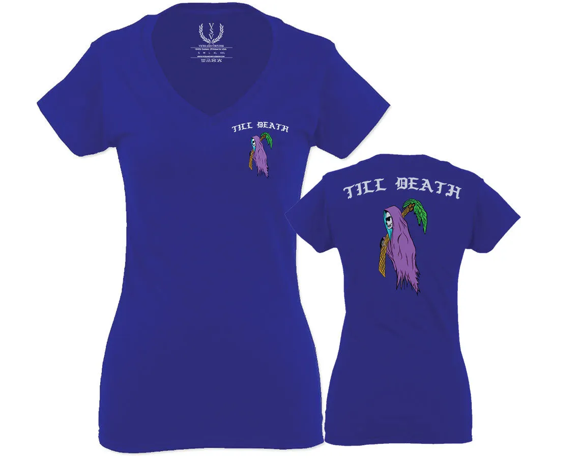Good Vibe Summer Palm Graphic Till Death Cool Bones surf Obei Society For Women V neck fitted T Shirt