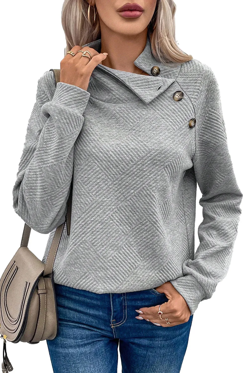 Gray Solid Button Detail Sweatshirt