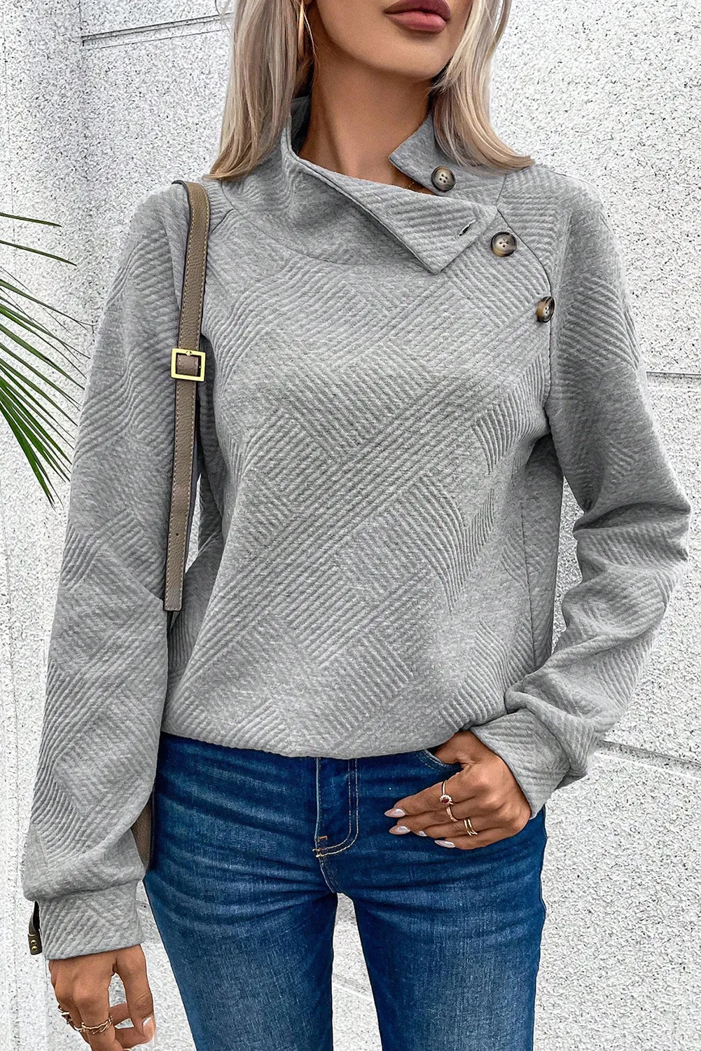 Gray Solid Button Detail Sweatshirt