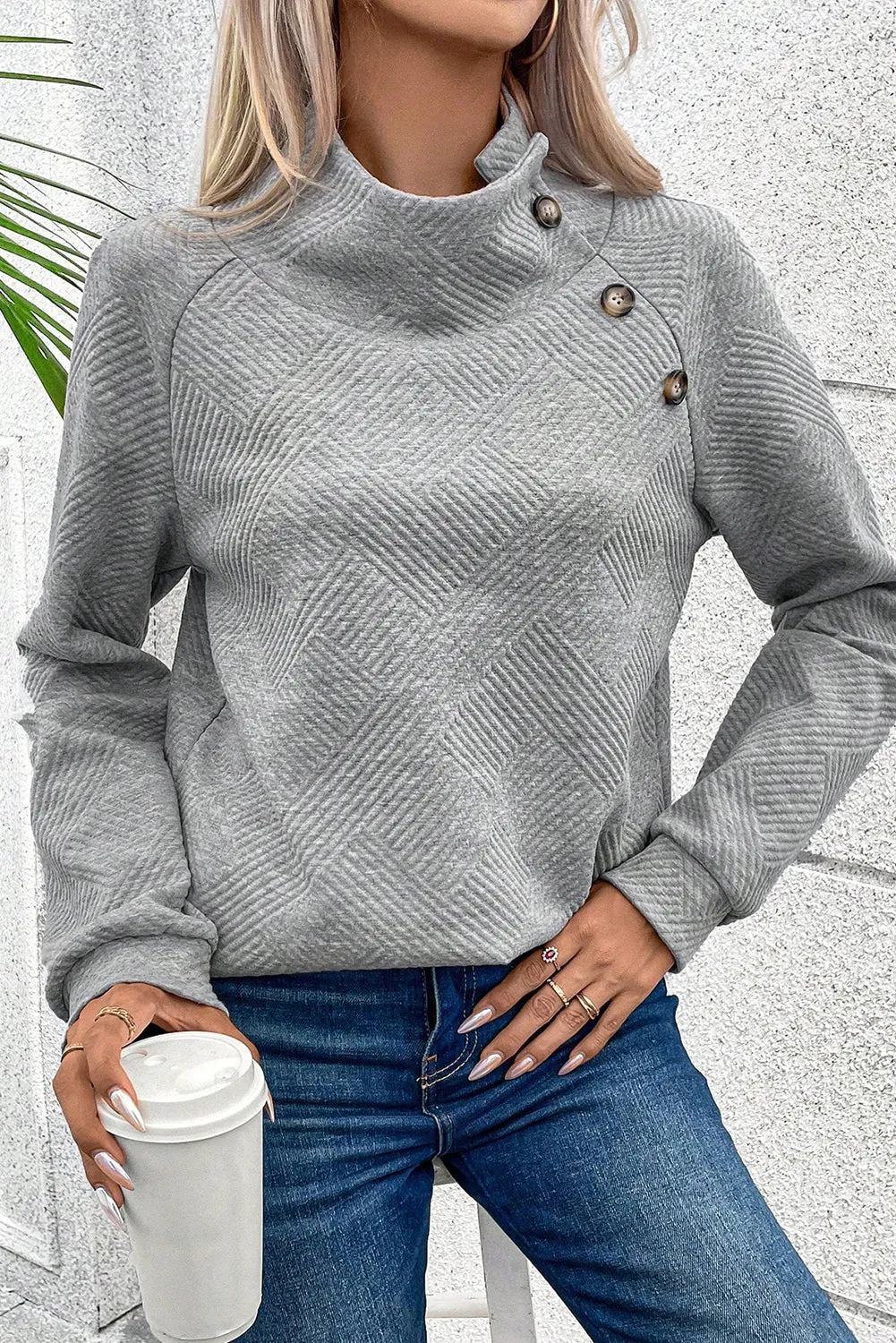 Gray Solid Button Detail Sweatshirt
