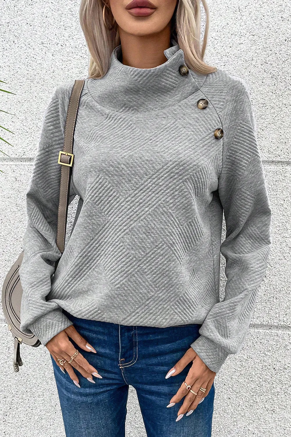 Gray Solid Button Detail Sweatshirt