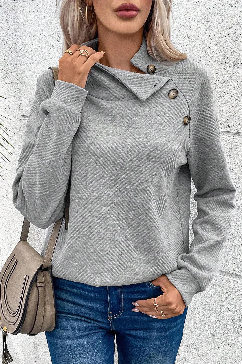 Gray Solid Button Detail Sweatshirt