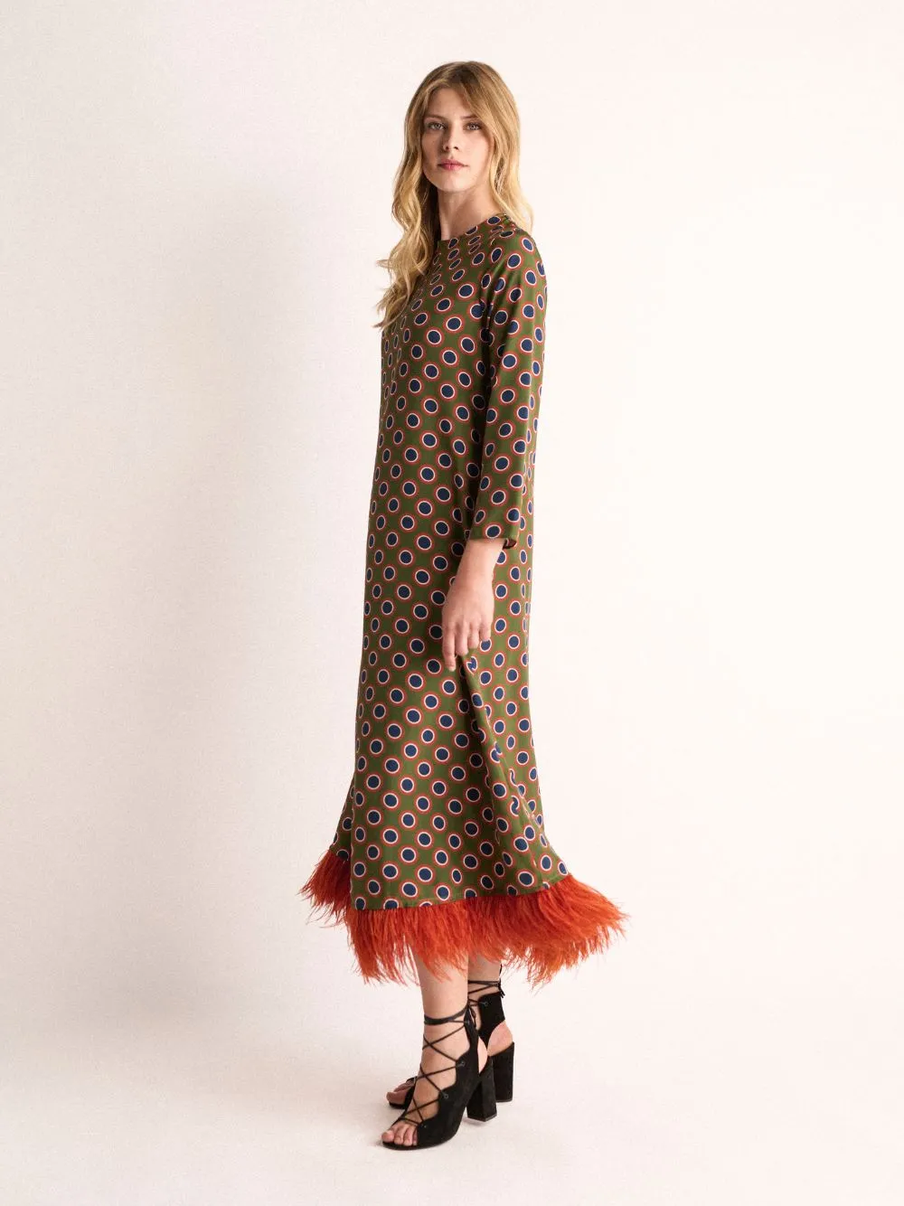 Grayf Symmetrical Eye Dress with Feathers