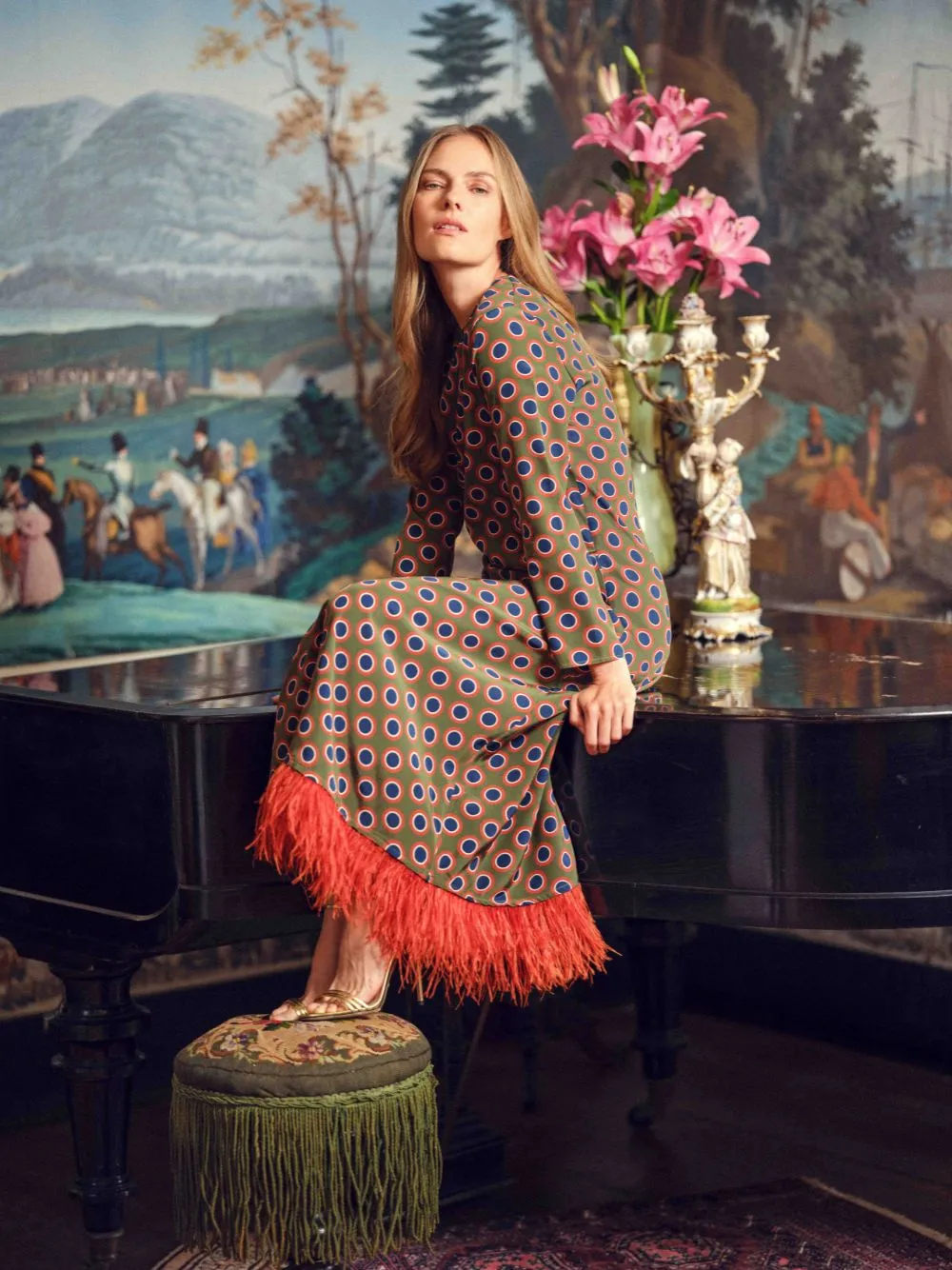 Grayf Symmetrical Eye Dress with Feathers