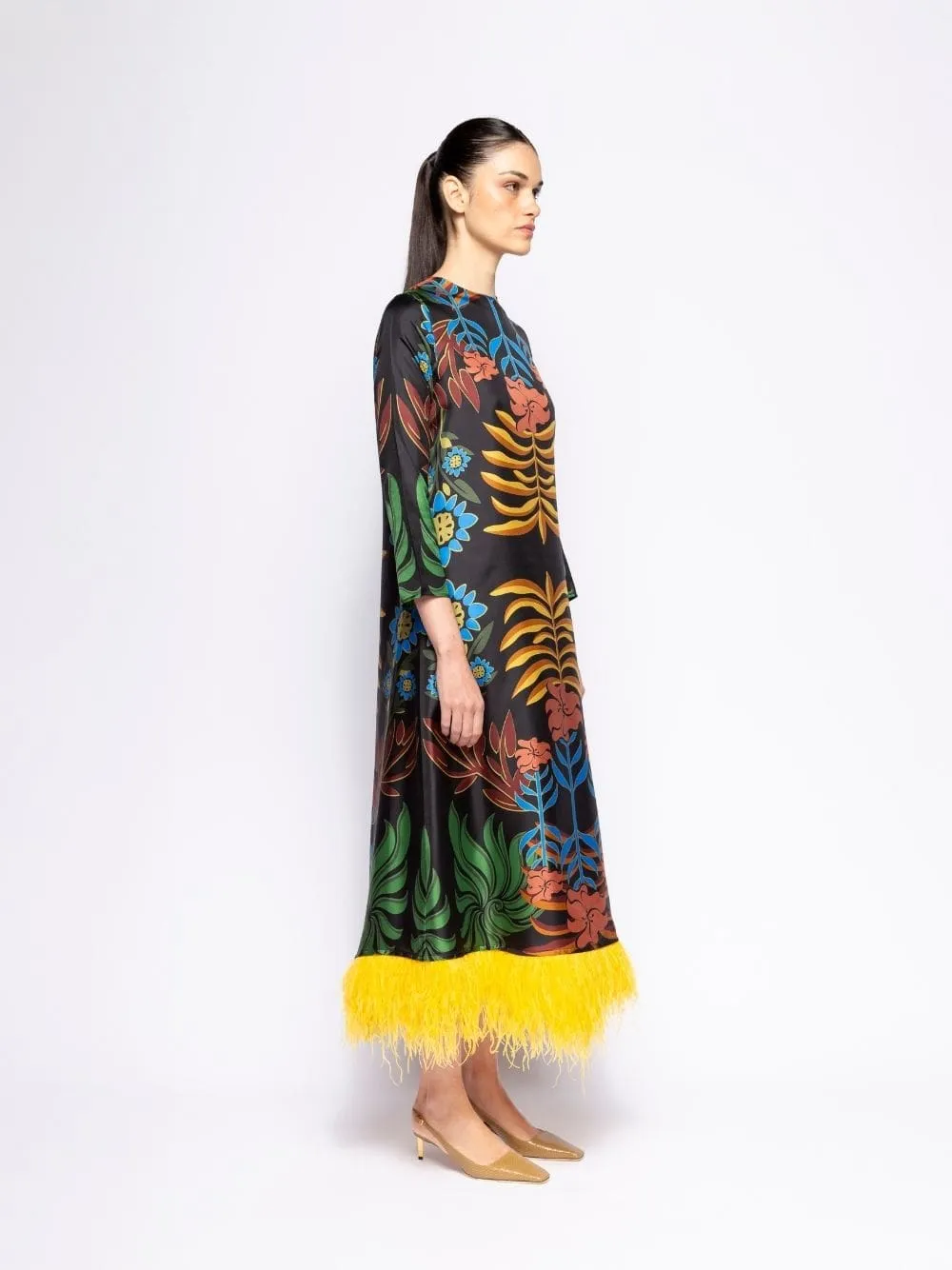 Grayf Visual Garden Print Printed Dress with Feathers